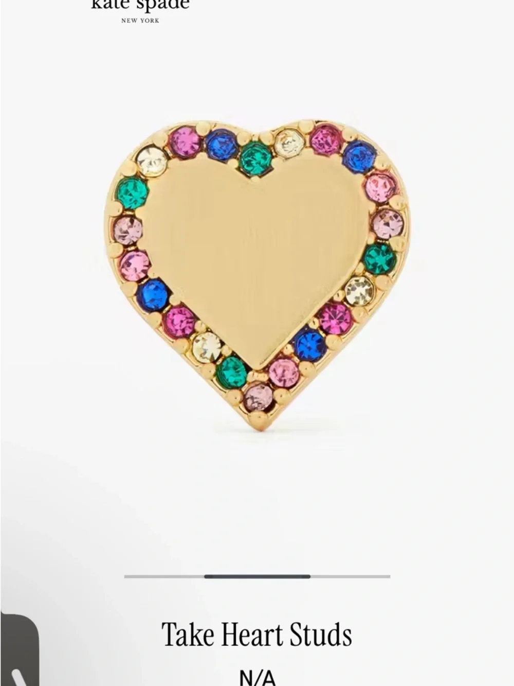 NWT Kate Spade Gold Rainbow Heart Stud Earrings with Multicolor Crystal Accents
